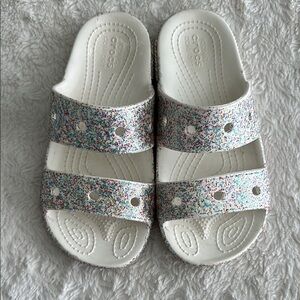 Crocs kids size 3 multicolor glitter over white sandals gently used